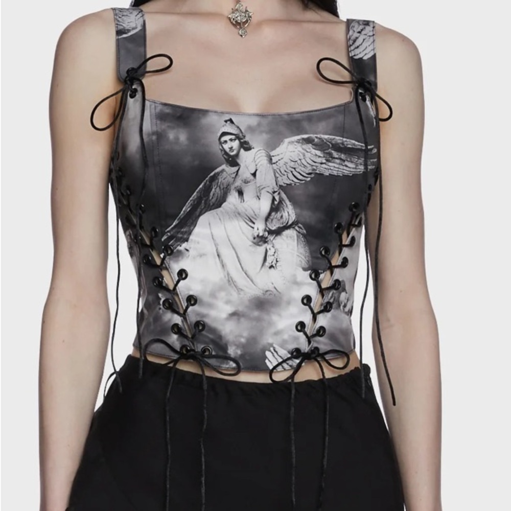 Dolls Kill NWOT Sold Out Women's Black Angel Print Corset Top